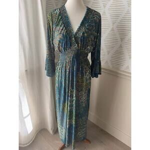 Seven Islands 1X Blue Green Yellow Paisley Smocked Waist Maxi Dress